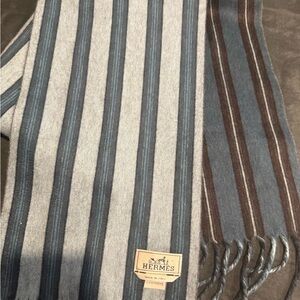 Hermès 100% Cashmere Muffler Reversible Scarf in Gray, Blue, and Brown Stripes